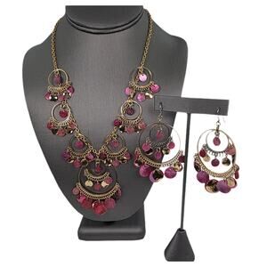 Vintage Jewelry Concepts Boho Chic Pink and Goldtone Necklace and Earrings Set